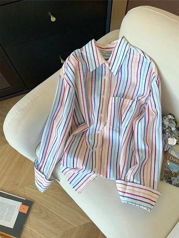 Autumn New Arrivals Charming Striped Women's Shirt Long-Sleeved Button-Down Style Casual Loose-Fit Top