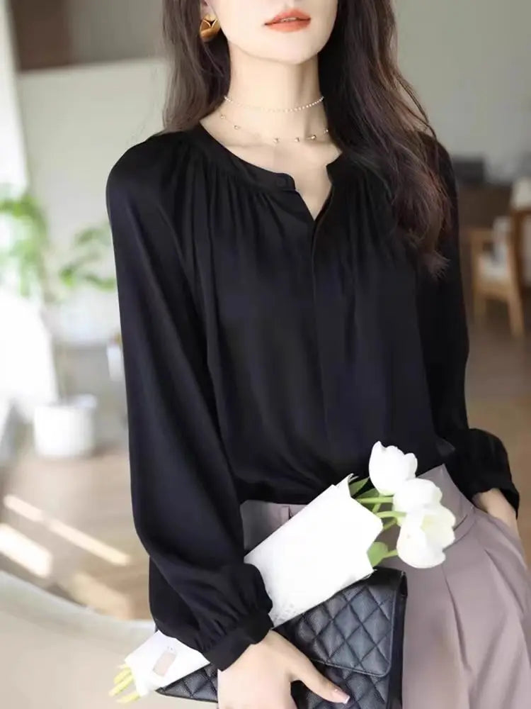 Women Shirt Classic Chiffon Blouses Elegant V-neck Long Sleeve Button Shirt Lady Simole Style Tops Female Clothes New Blusas