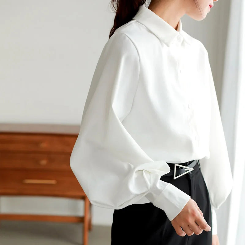 Spring Autumn Lantern Sleeve Elegant Women's White Blouse 2025 New Turn-down Collar Korean Casual Loose Shirts Female