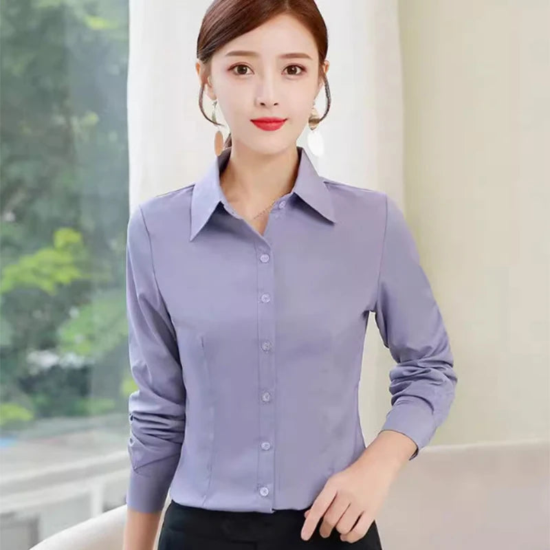 Korean Office Single Breasted Shirts for Women 2025 Turn Down Collar Long Sleeve Shirts Woman Comfortable Solid Color Shirt Lady