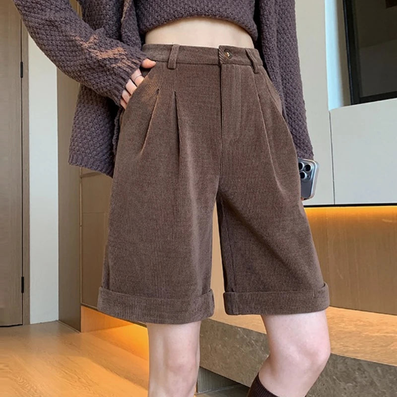 2025 New Autumn Winter Vintage Woolen Women's Half Pants Single Button High Waist Straight Casual Loose Wide Leg Pant Female