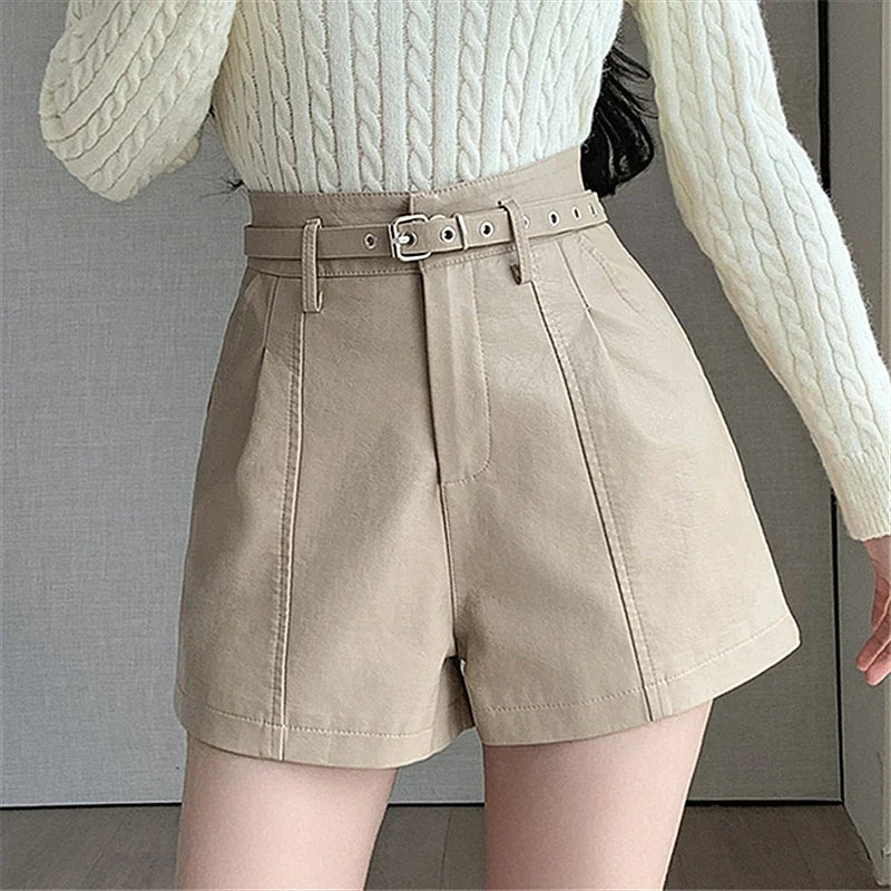 Seoulish Vintage Casual PU Leather Shorts for Women 2024 Autumn Winter High Waist Solid Color Patchwork Office Lady Pants Female