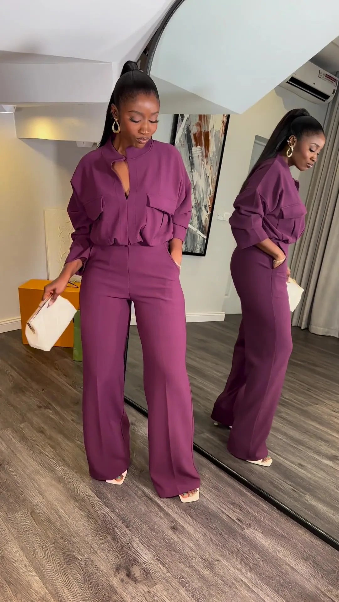 Casual Trousers Suit Loose Daily Solid Colors Versatile Spring Autumn Pant Set Long-sleeved V-neck Top Wide-leg Trousers 2-piece