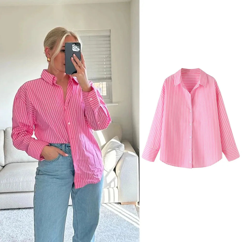 Women's Pink Striped Long Sleeve Shirt Loose Fit Classic Collar Button Down Style Ideal for Casual and Office Wear