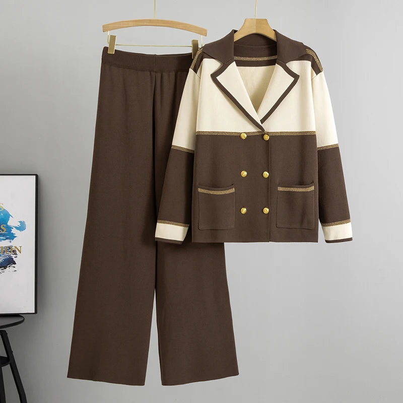 2025 Autumn And Winter Knitted 2 Piece Sets Women  Long Sleeve Collar Cardigan Tops Wide Leg Pants Stretch Matching Suit Outfit