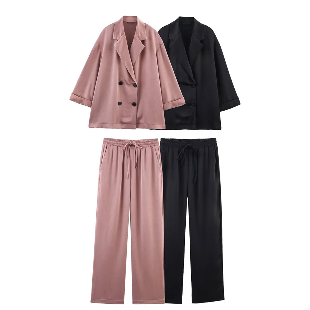 Women's Fashion Versatile Wrinkle Effect Flip Collar Casual Suit Coat Spring/Summer New High Waist Straight Pants