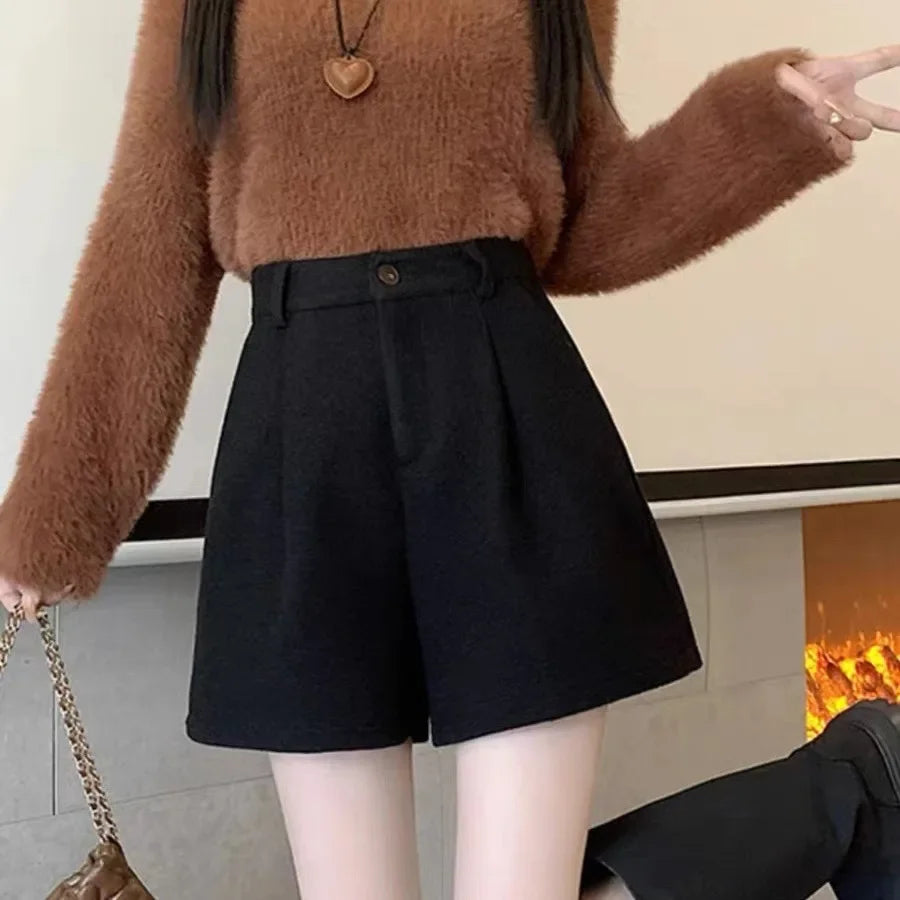 High Waist Thickened Woolen A- Line Short Pants Women's Spring Autumn New Style Bootcut Pants Slimming Wide Leg Trousers