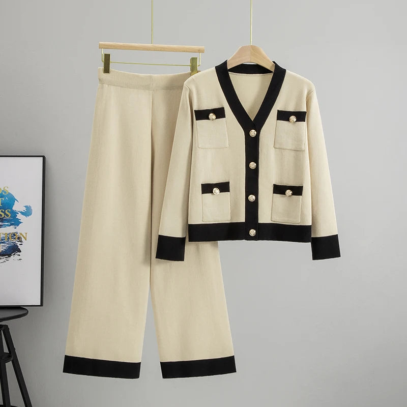 Fashion Contrast Color Casual Women's Pants 2 Piece Set Autumn And Winter New Slim Fit V Neck Cardigan  Pants Female Office Suit