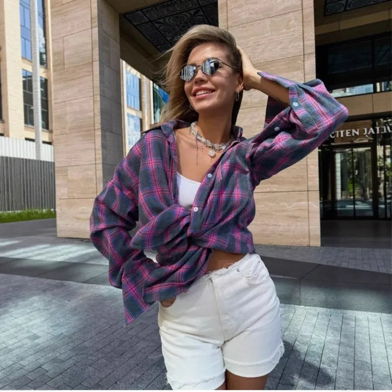 Women Shirt Coats Turn Down Collar Print Plaid Full Sleeve Single Breasted Loose Casual Elegant Splice Blouses Autumn Shirts