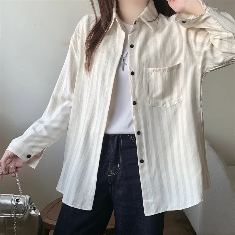Female Single Breasted Blouse Women's Classic Vertical Stripes Polo Collar Long Sleeved Shirt Early Autumn 2025 Casual Retro Top