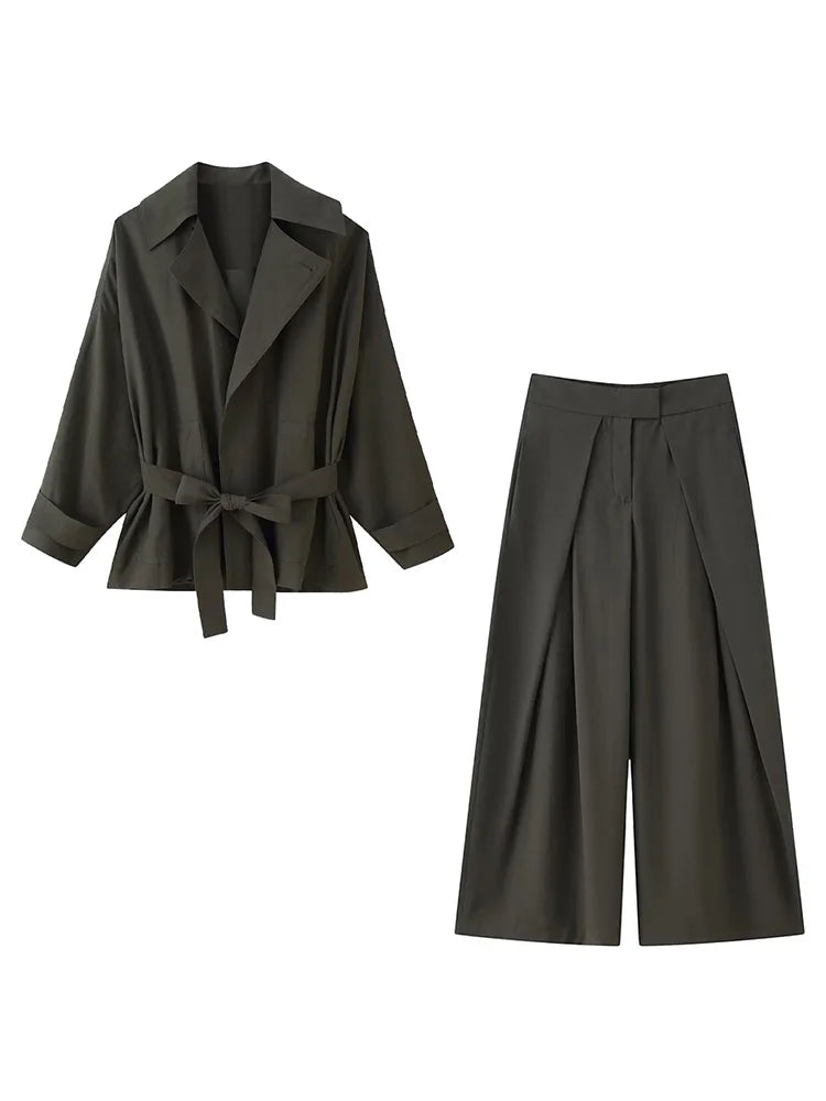 HH Women's Autumn Solid Fashion Pants Suit Lapel Long Sleeve Belt Pocket Single-breasted Jacket+Pleated Zipper Wide-leg Pants