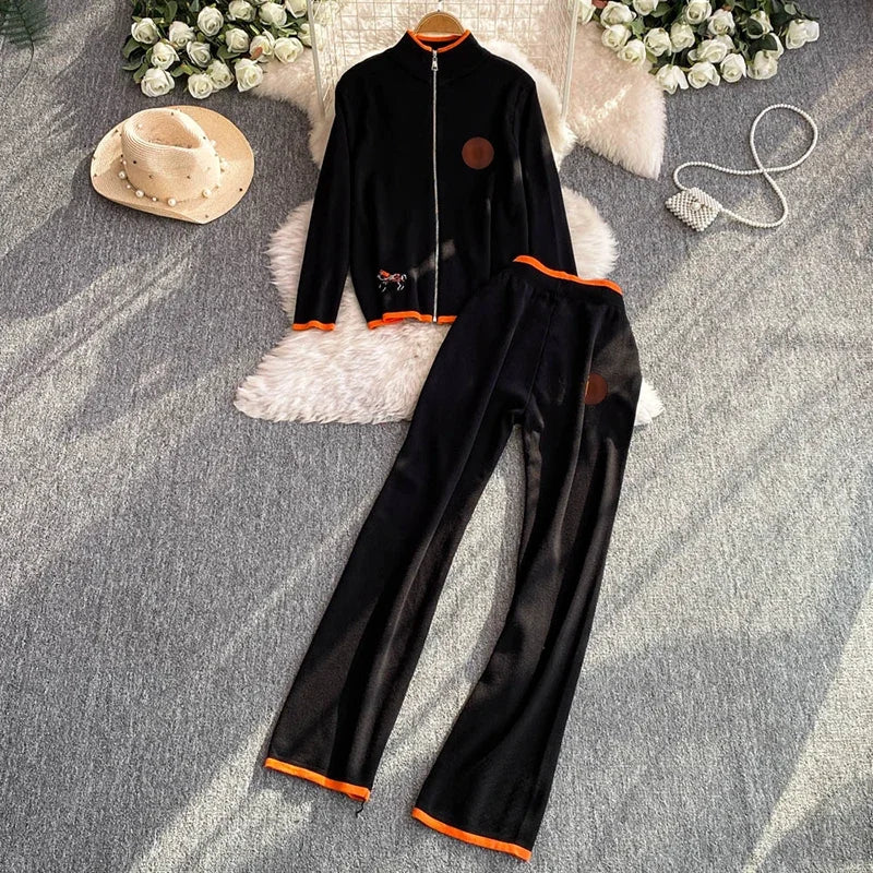 Women Embroidery Two-piece Set Long Sleeved Stand Collar Sweater Cardigan+High Waist Straight Pants Knit Casual Women Suit