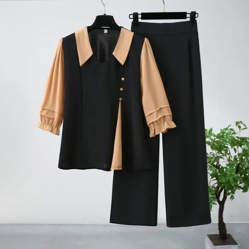 Fashion Suit for Women 2025 Spring Summer New Fashionable 7-quarter Sleeve Contrasting Top Wide-leg Pants Two-piece Set