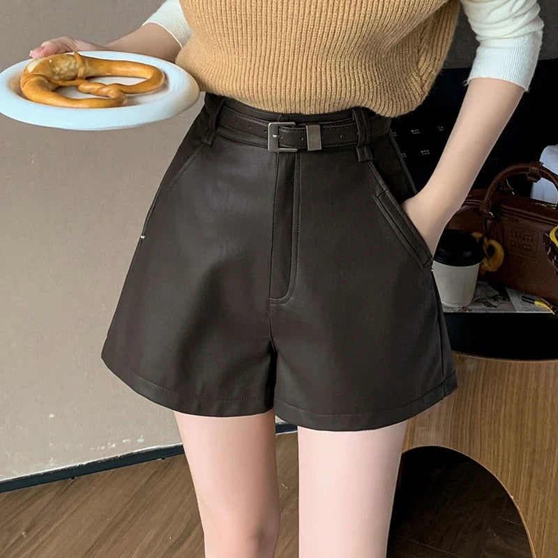 Seoulish Autumn Winter Vintage PU Leather Women's A-line Shorts with Belted Office High Waist Wide Leg Short Pants Female 2025