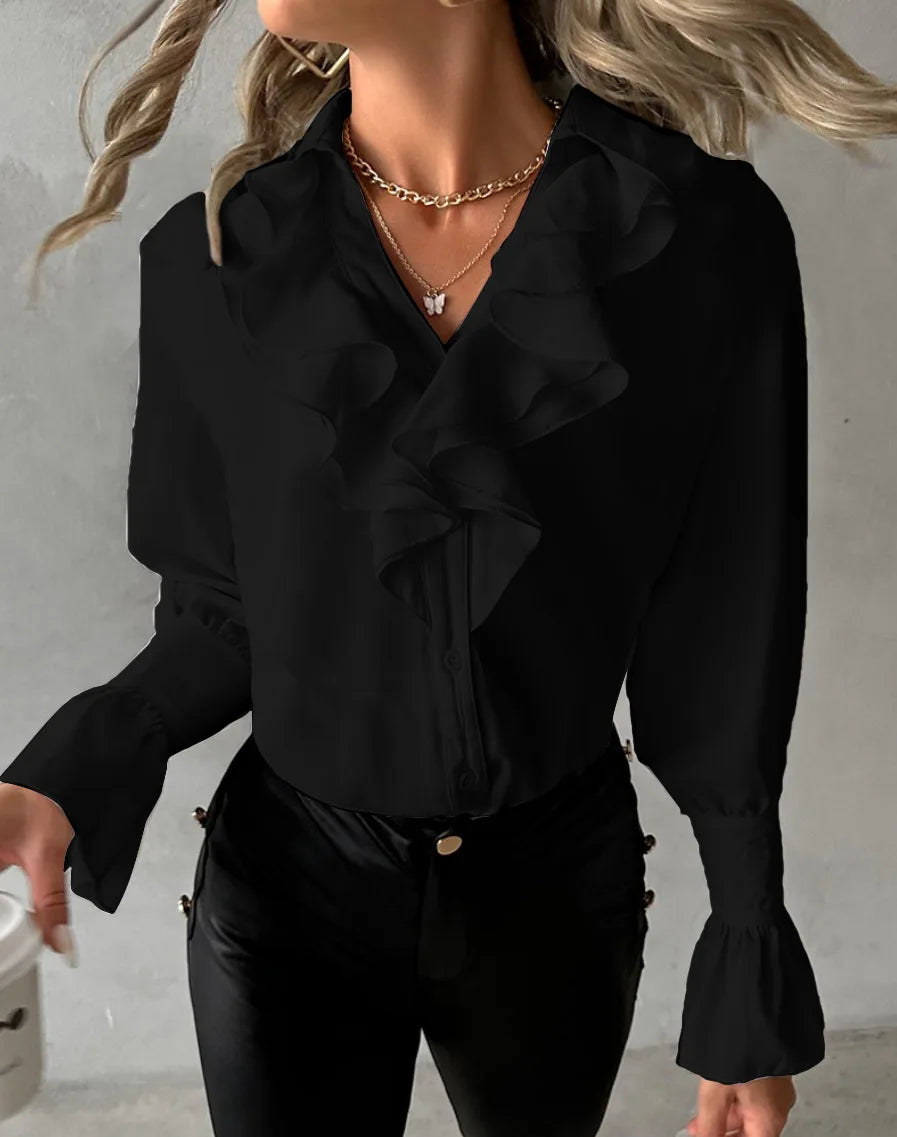 Women Elegant Solid Chiffon Blouse Spring Summer Casual Long Sleeve V Neck Loose Shirt Office Lady Tunics Oversized Tops 2024