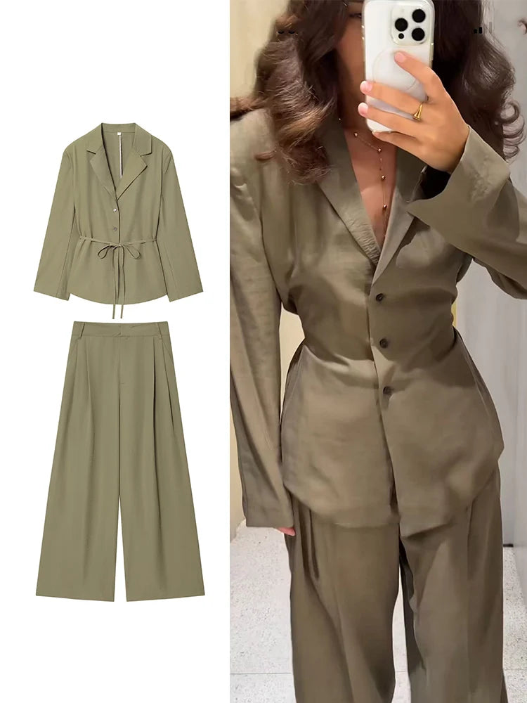 Women Blazer Two Pieces Set Chic Shoulder Pad   Lapel Long Sleeve Suit Coat Fashion Wide Leg Pants Set Spring Autumn 2025 New