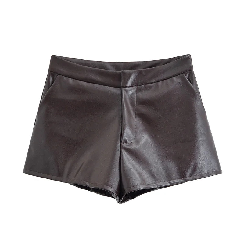 Women's Shorts 2025 Autumn New Style Burgundy Faux Leather Biker-style Cool Shorts Casual Fashion Unique Versatile