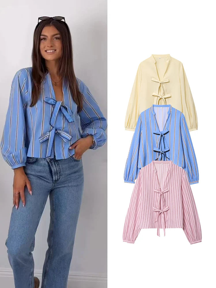 Women's New Bow Lace-Up Blouse Shirt Autumn 2025 V-Neck Long Sleeve Loose Shirt Elegant Fashion Striped Ladies Crop Blouse