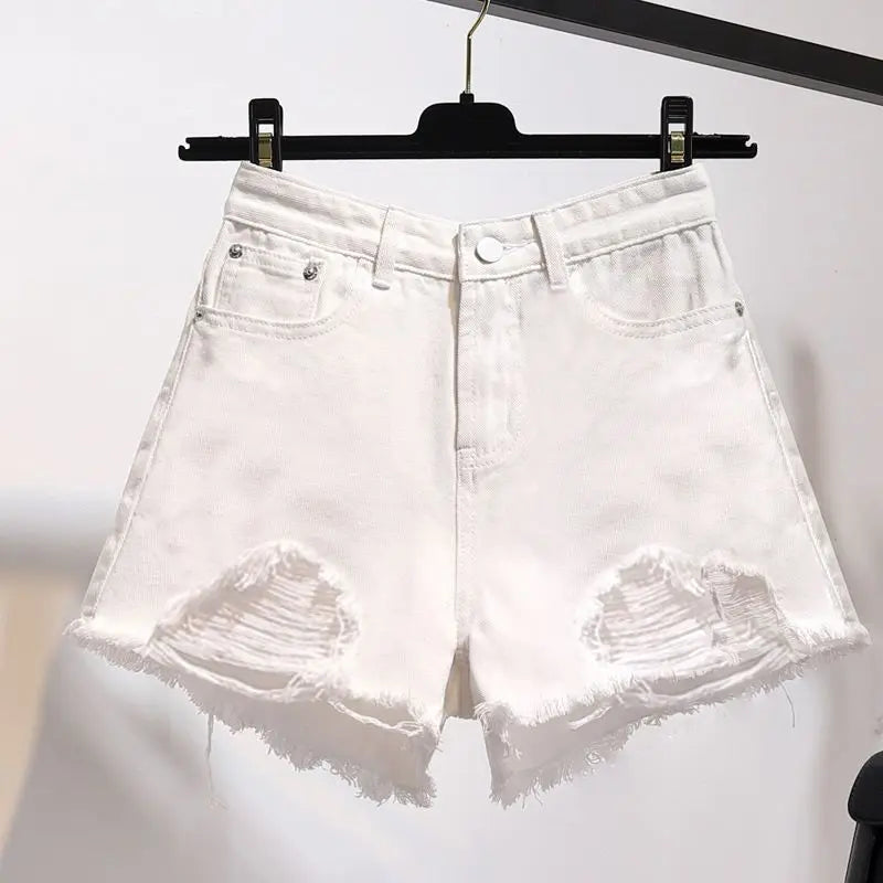 Women's Spring Summer New Fashion Casual Solid Color High Waist Loose Pocket Button Versatile Student Wide Leg Hole Denim Shorts